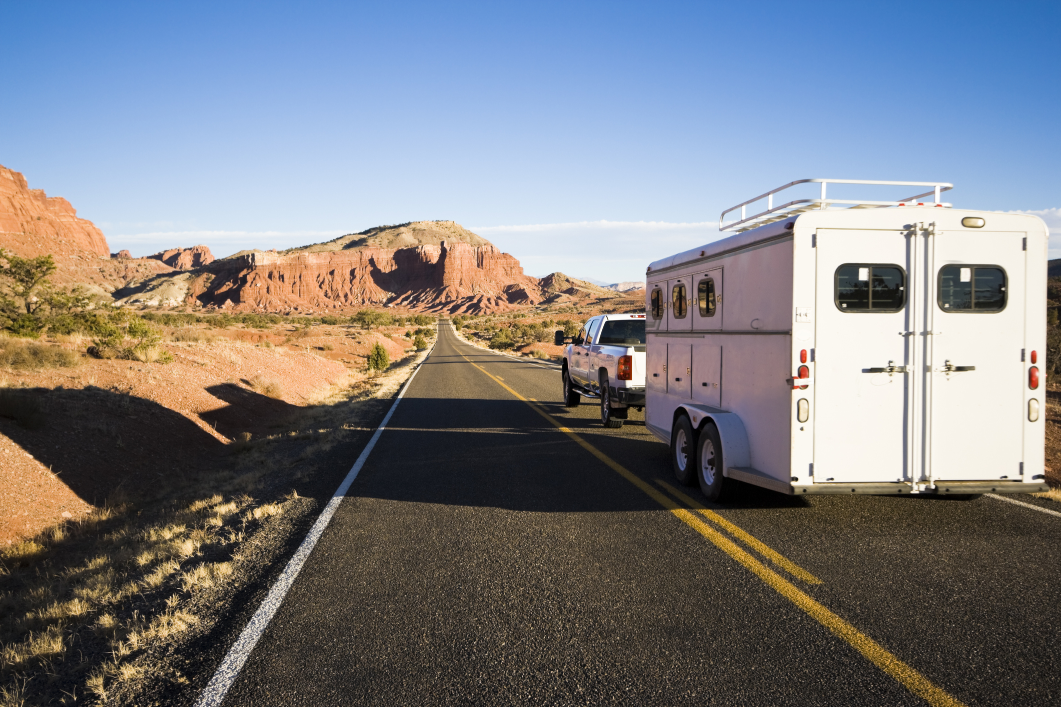 Pick up with horse transporter on the road